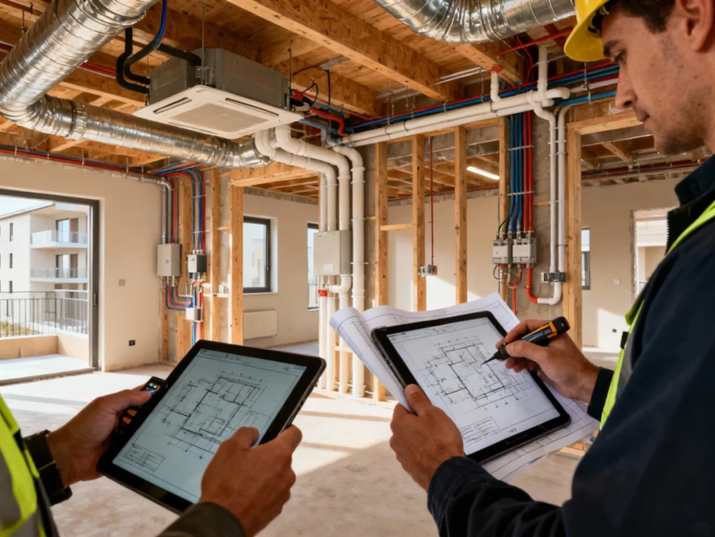 Engineers are taking the measurements inside the building